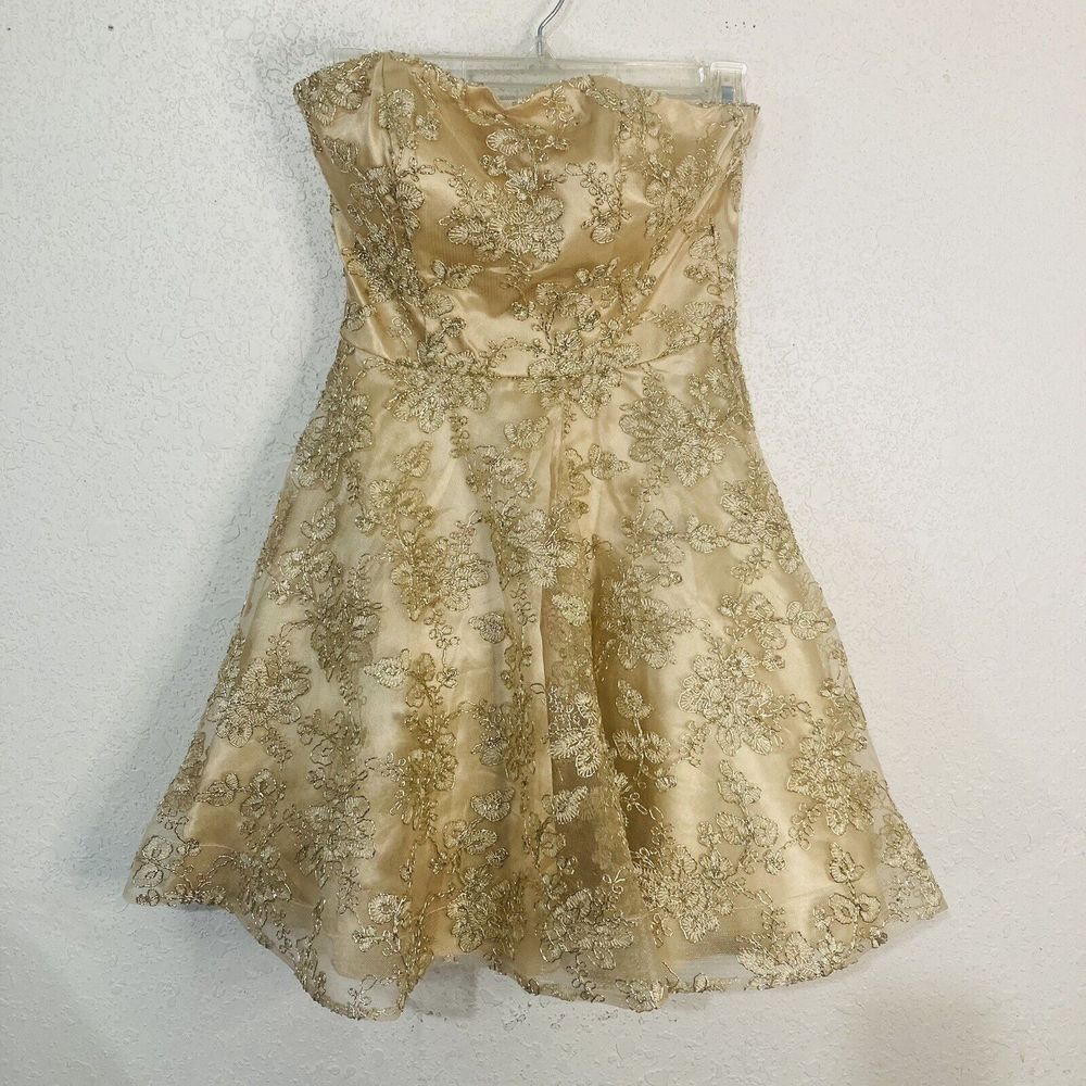 BEE DARLIN Gold Detailed Mini Evening Cocktail Homecoming Prom Dress size 3/4